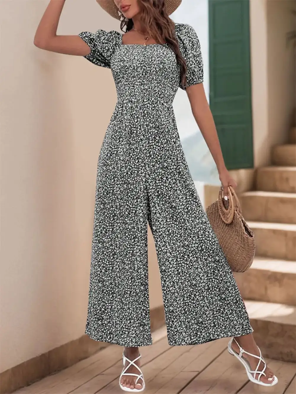 Printed Square Neck Puff Sleeve Everyday Jumpsuit