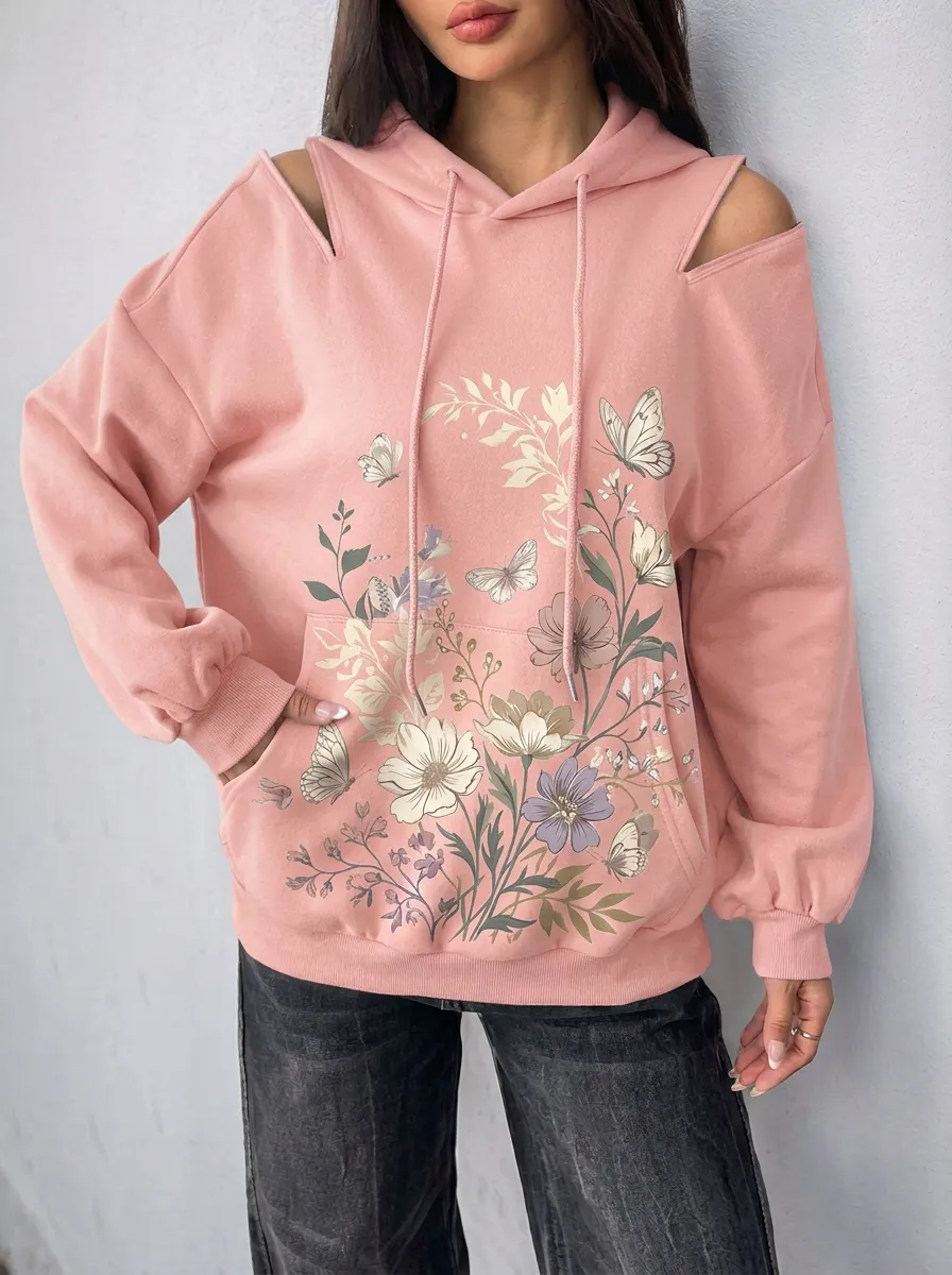 Women's Floral Butterfly Nature Lover Printed Cold Shoulder Hoodie