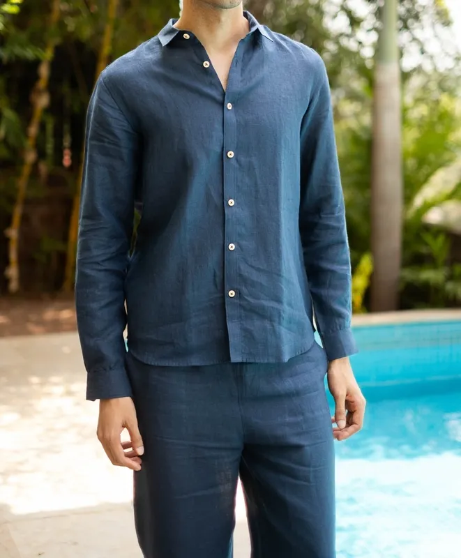 Navy Minimal Linen Button-Up Shirt