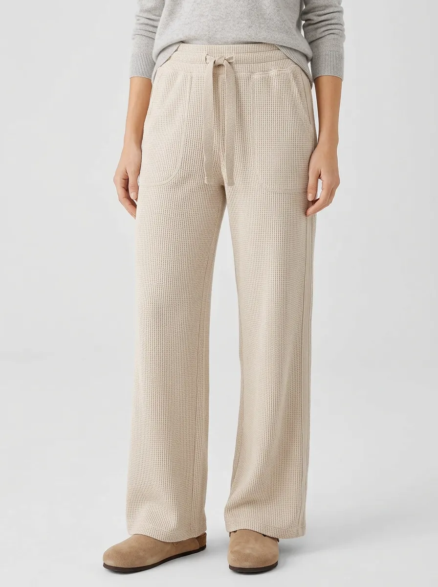 Women's Casual Waffle Knit Drawstring Wide Leg Pants