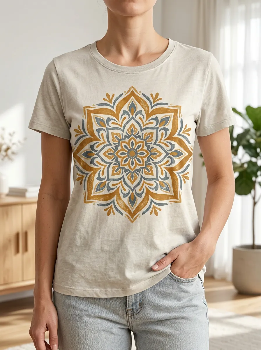 Women's Boho Mandala Art Printed Crewneck T-shirt