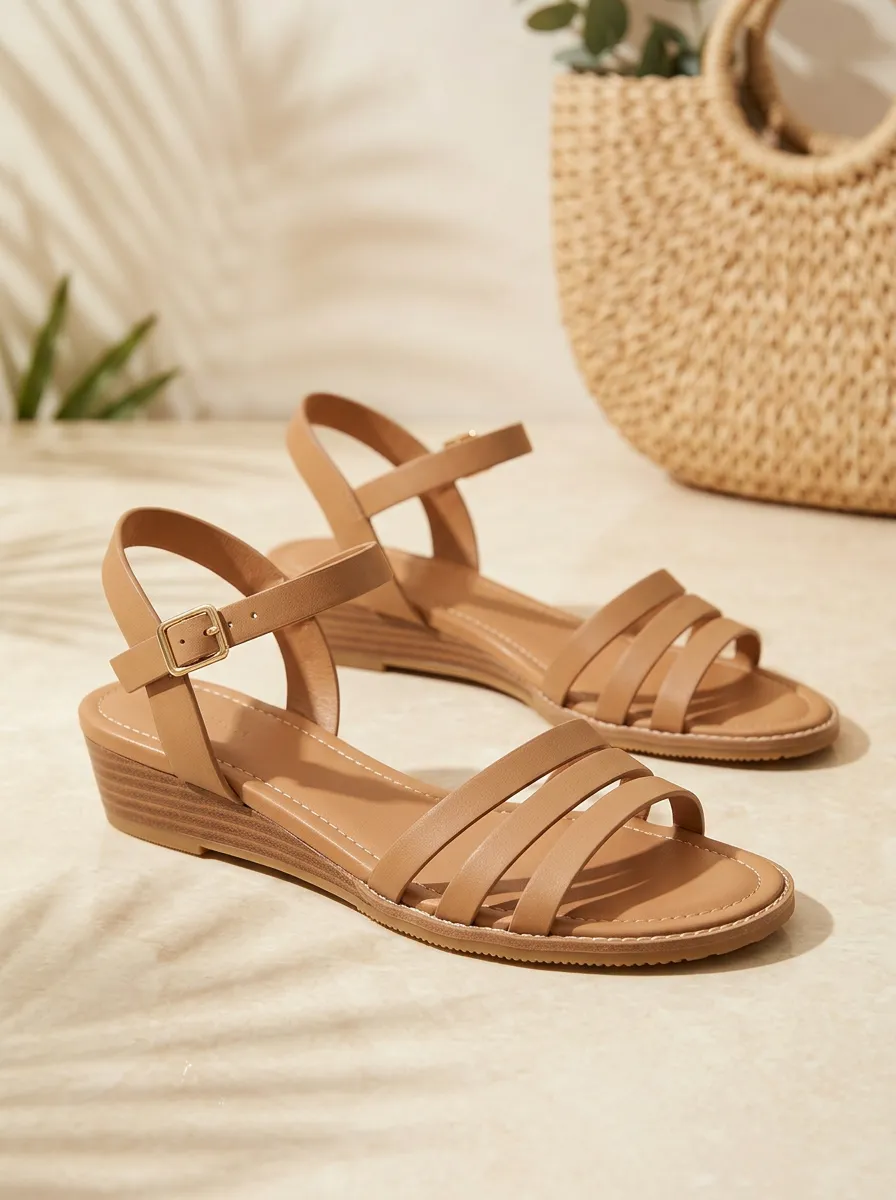 Women's Casual Summer Tan Ankle Strap Wedge Sandals