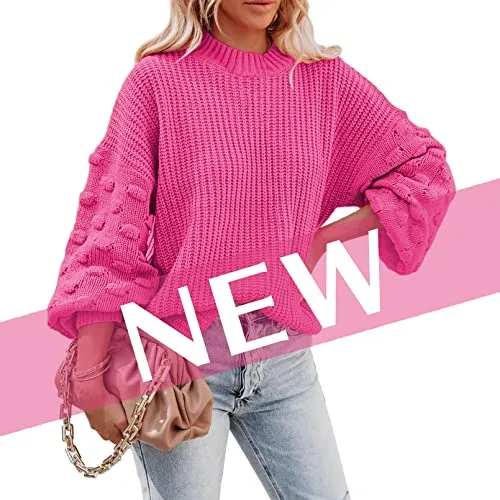 Women's Cute Oversized Crewneck Loose Puff Sleeves Chunky Knit Pullover Sweater
