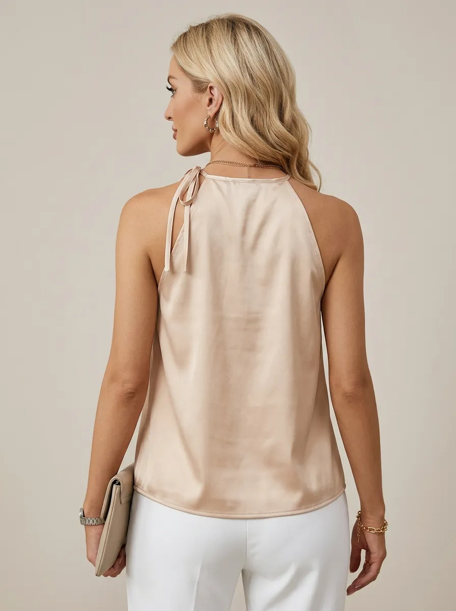 Satin Pleated Halter Neck Sleeveless Top