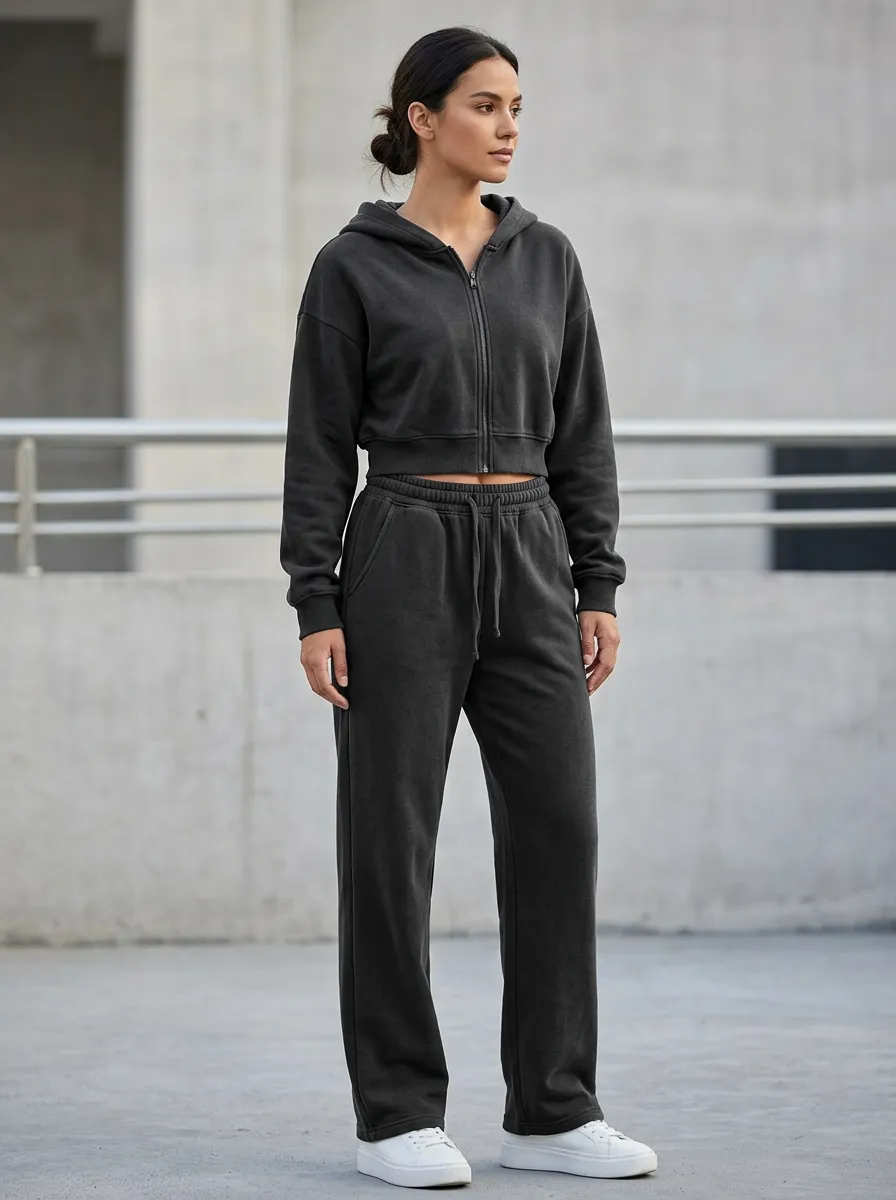 Sporty Women's Cropped Zip-Up Hoodie Jogger Active Set