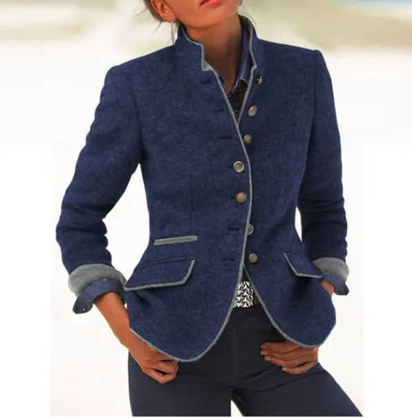 Wool Blend Stand Collar Button Front Jacket