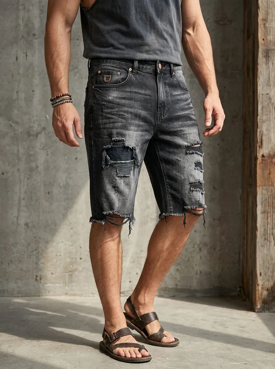 Men's Button Fly Denim Ripped Denim Shorts