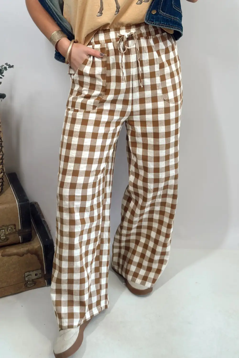 Gingham Plaid Tie Elastic Waist Shift Trousers