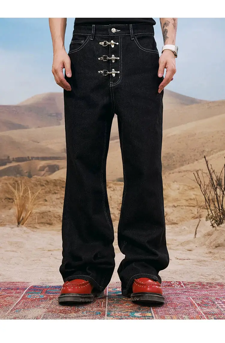 Wide-Leg Hardware-Detail Embellished Jeans