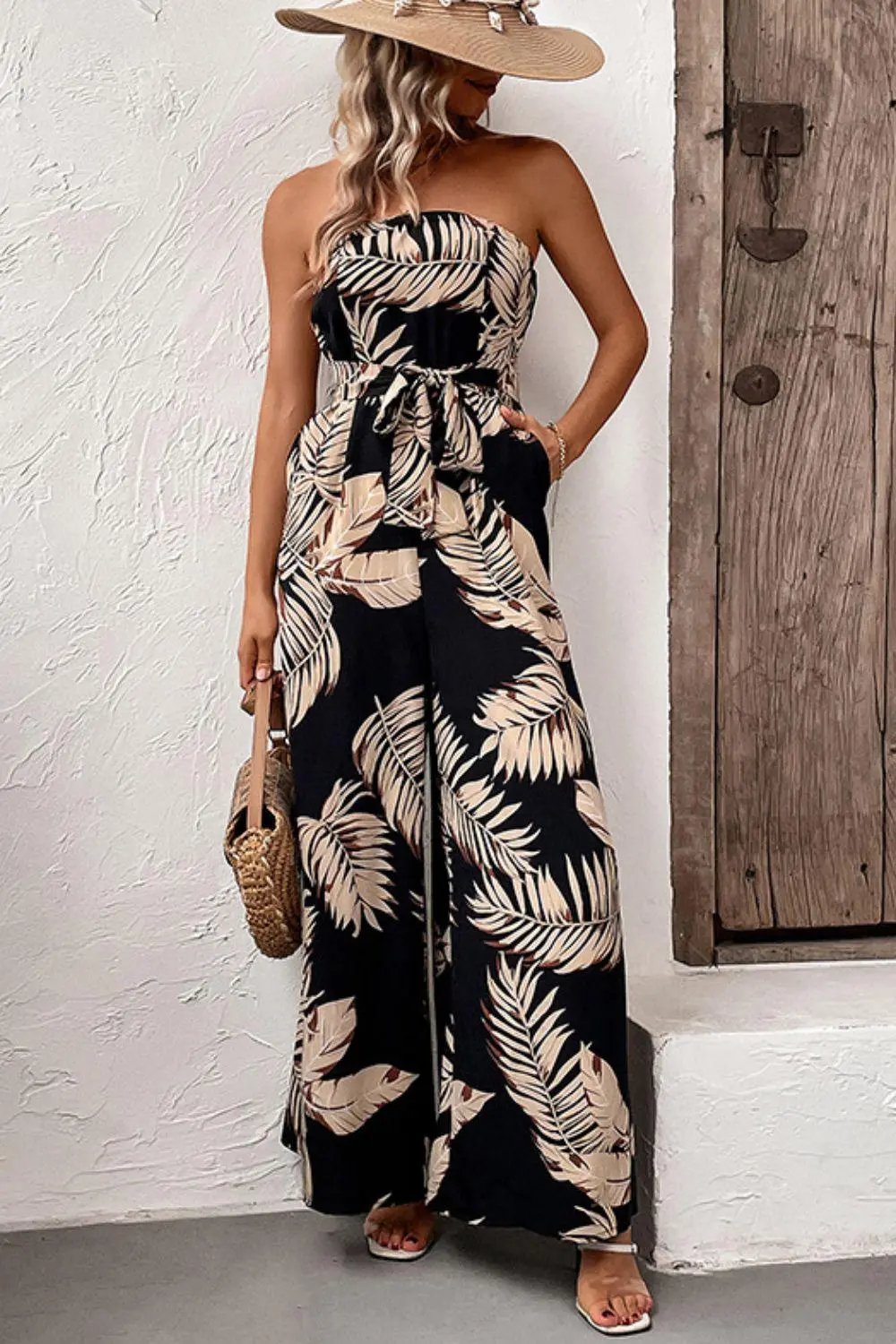 Printed Strapless Wide Leg Pockets Jumpsuit