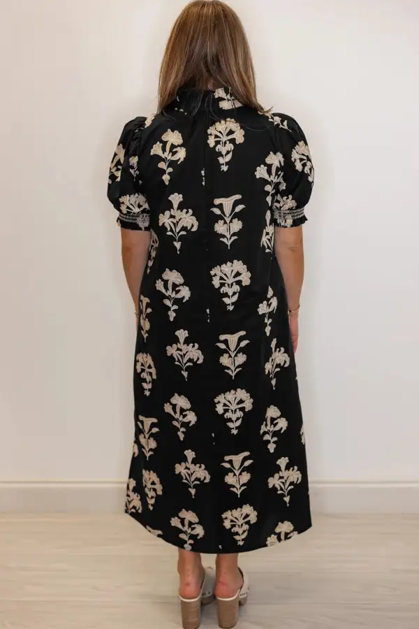 Classic Floral Print Frilled Collar Short Puff Sleeve Maxi Dress