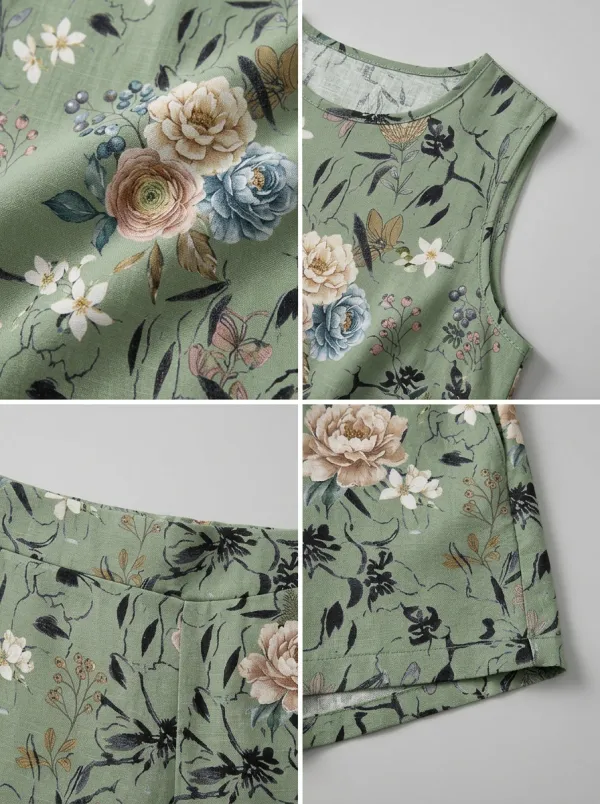 Women's Vintage Floral Botanical Printed Sleeveless Shorts Set