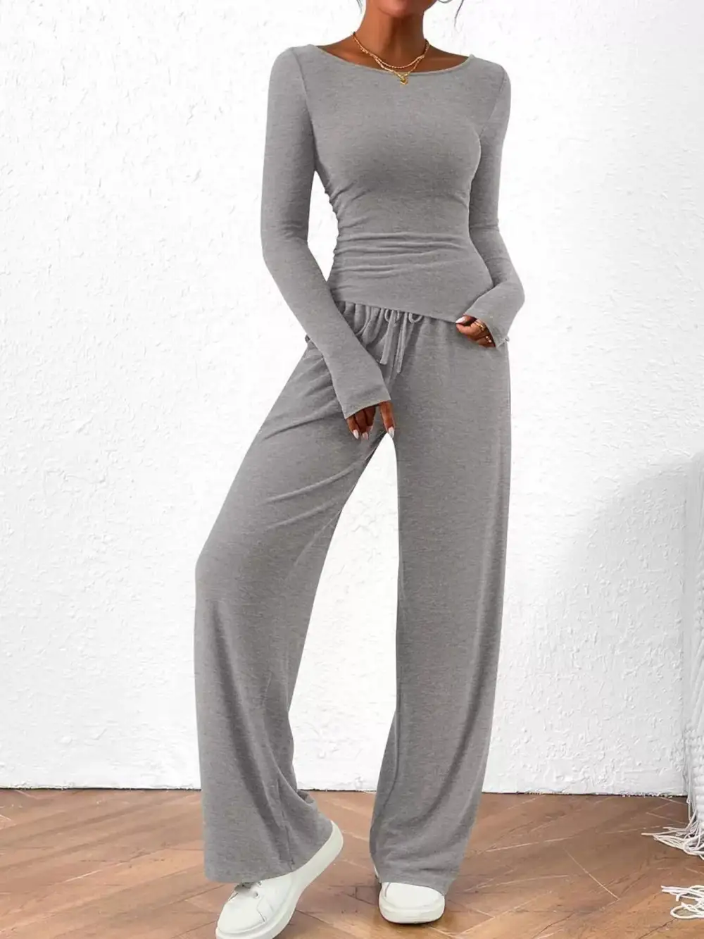 Relaxed Long Sleeve Top and Wide Leg Pants Set