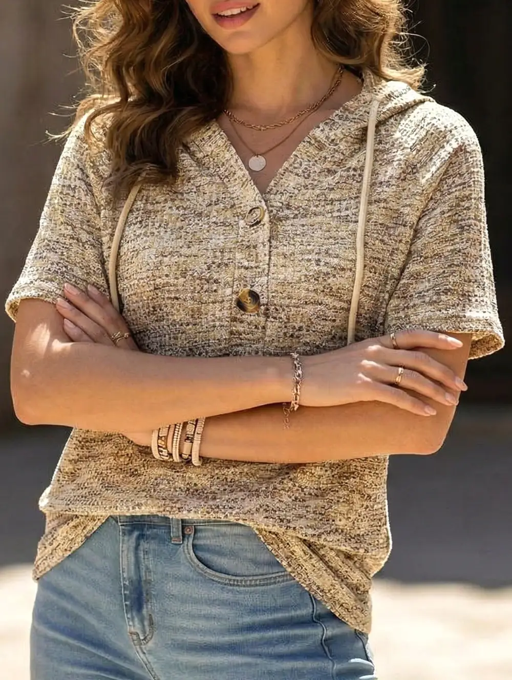 Waffle V-Neck Hooded Short Sleeve Top