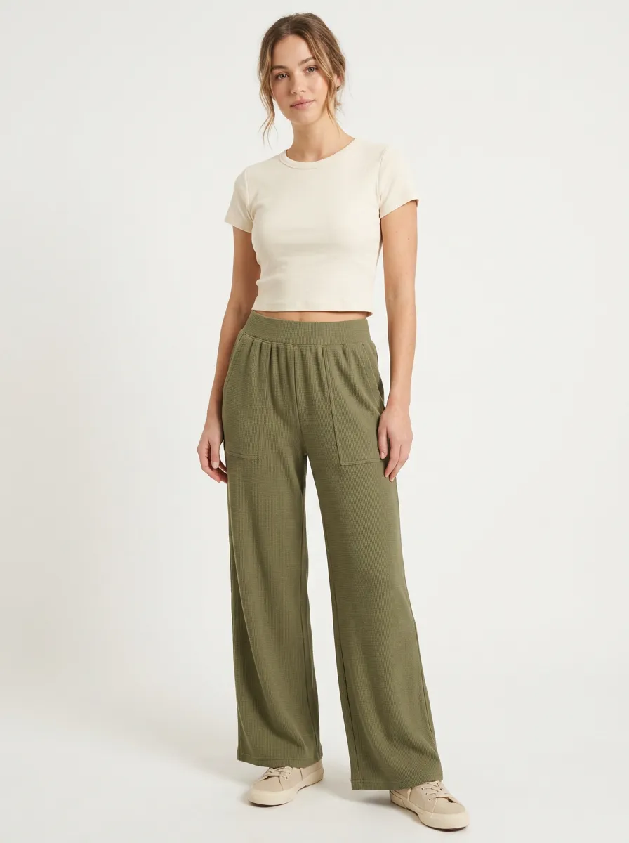 Women's Casual Olive Waffle Knit Wide Leg Pocket Pants