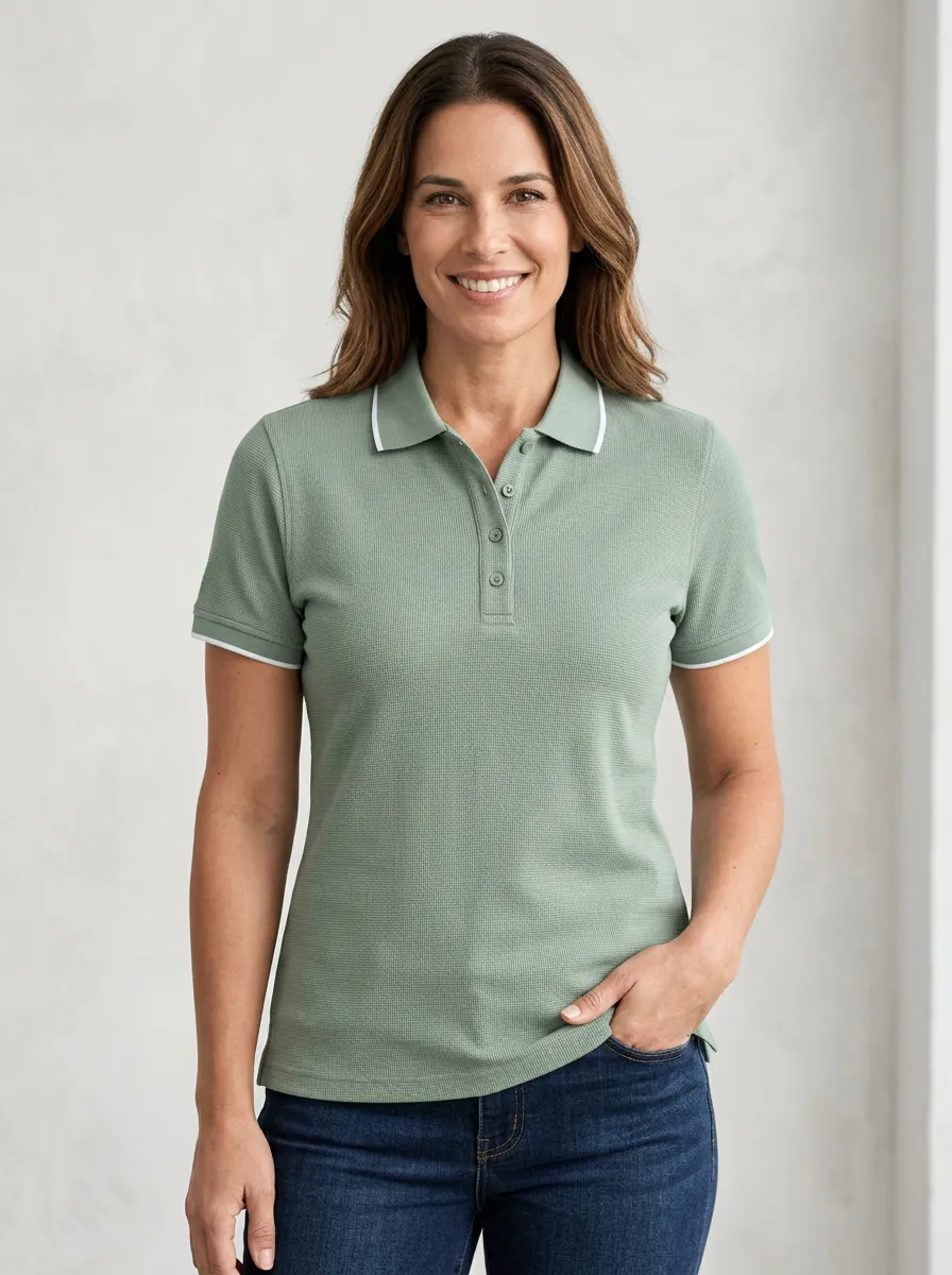 Women's Sage Green Waffle Knit Contrast Trim Polo Shirt