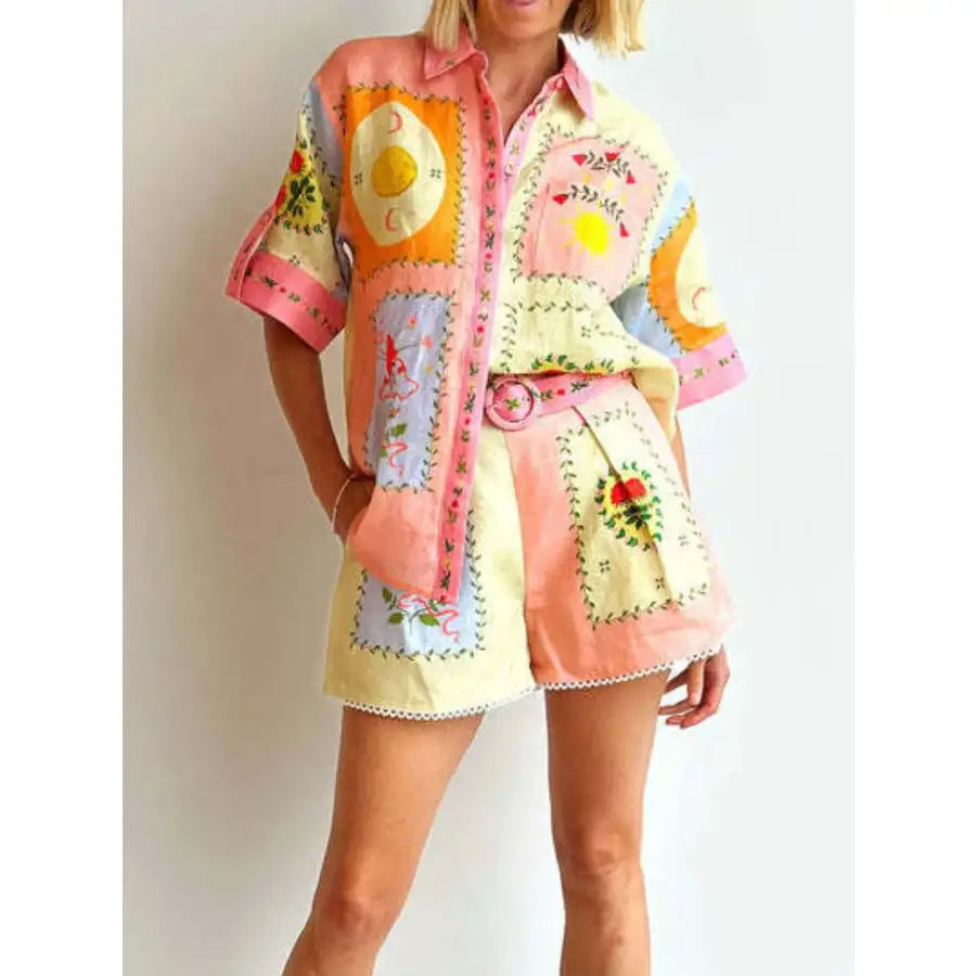 Printed Button Down Shirt and Shorts Set