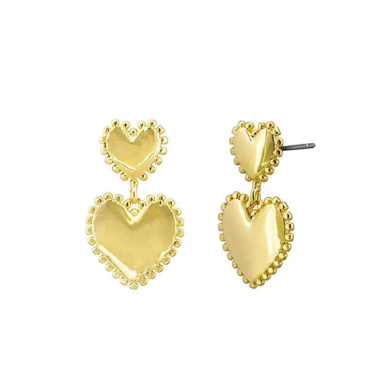 Ball Edged Double Heart Drop Stud Earrings