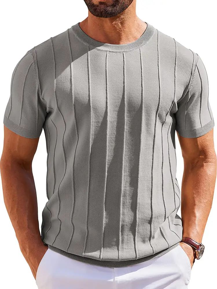 Casual Short Sleeve Shirt Ribbed Knit Pullover Tee