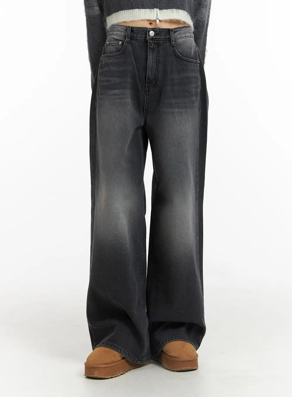Denim Mid-Waist Pocket Wide Leg Jeans