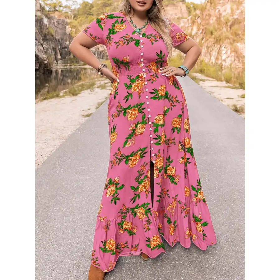 Plus Size Floral V Neck Short Sleeve Maxi Dress
