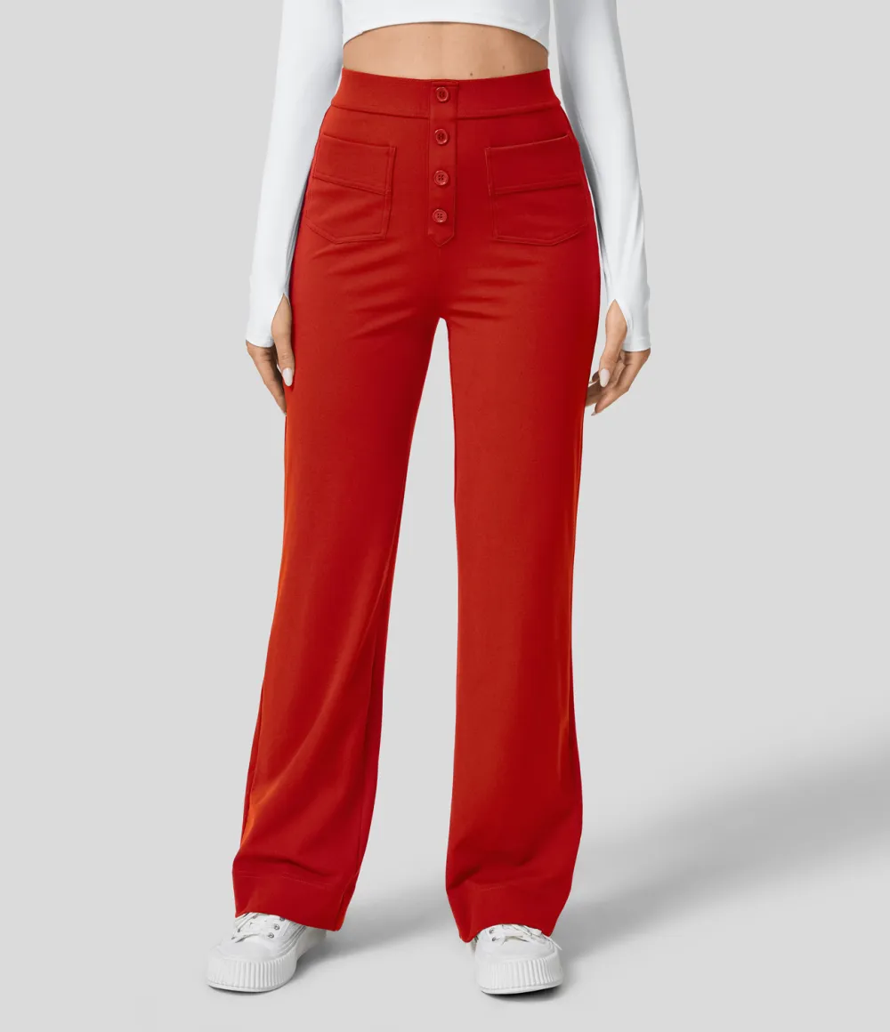 High Waisted Button Multiple Pockets Straight Leg Casual Pants