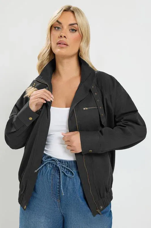 Black Funnel Neck Twill Shacket