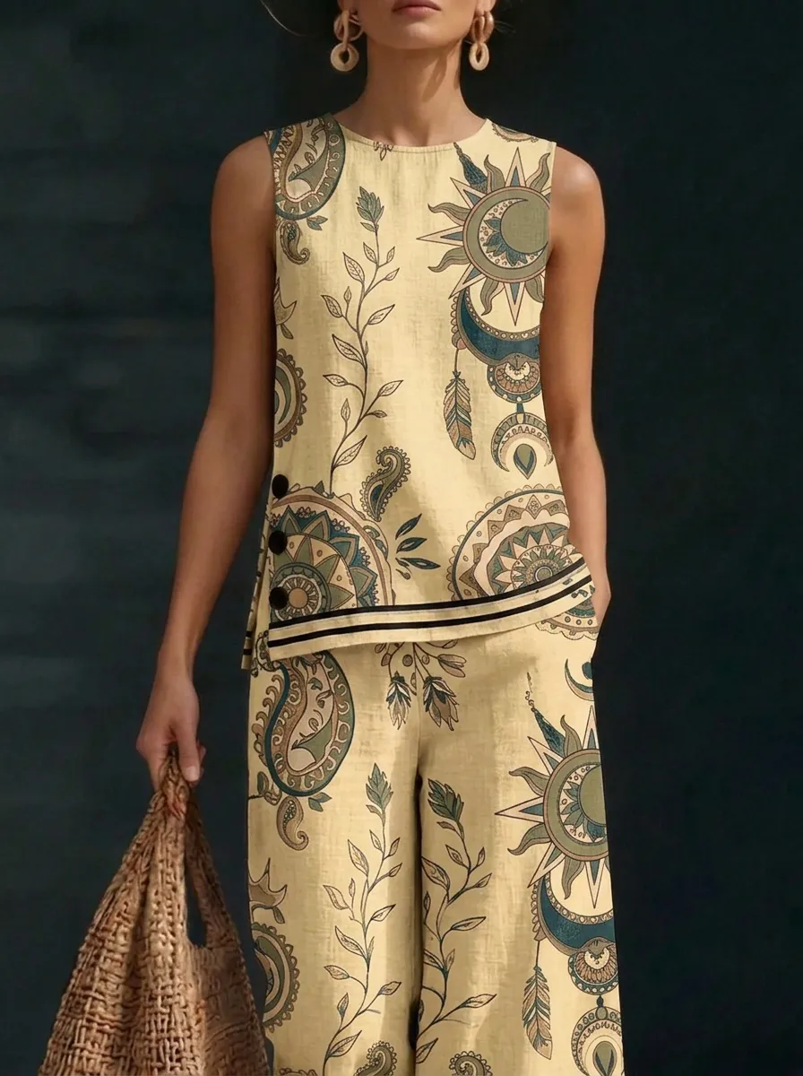 Women's Boho Sun Moon Floral Printed Sleeveless Set