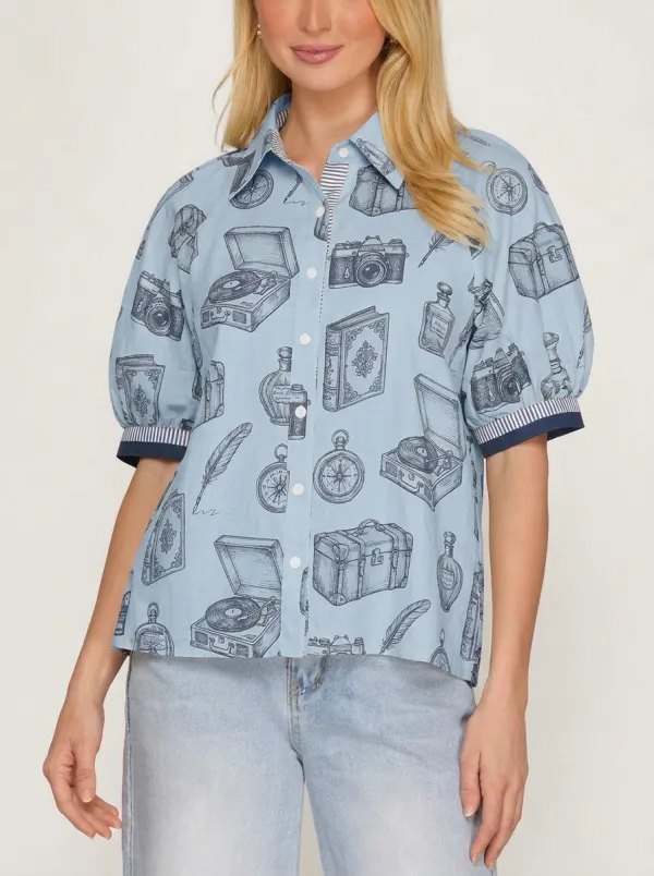 Women's Vintage Travel Hobby Camera Record Player Printed Shirt