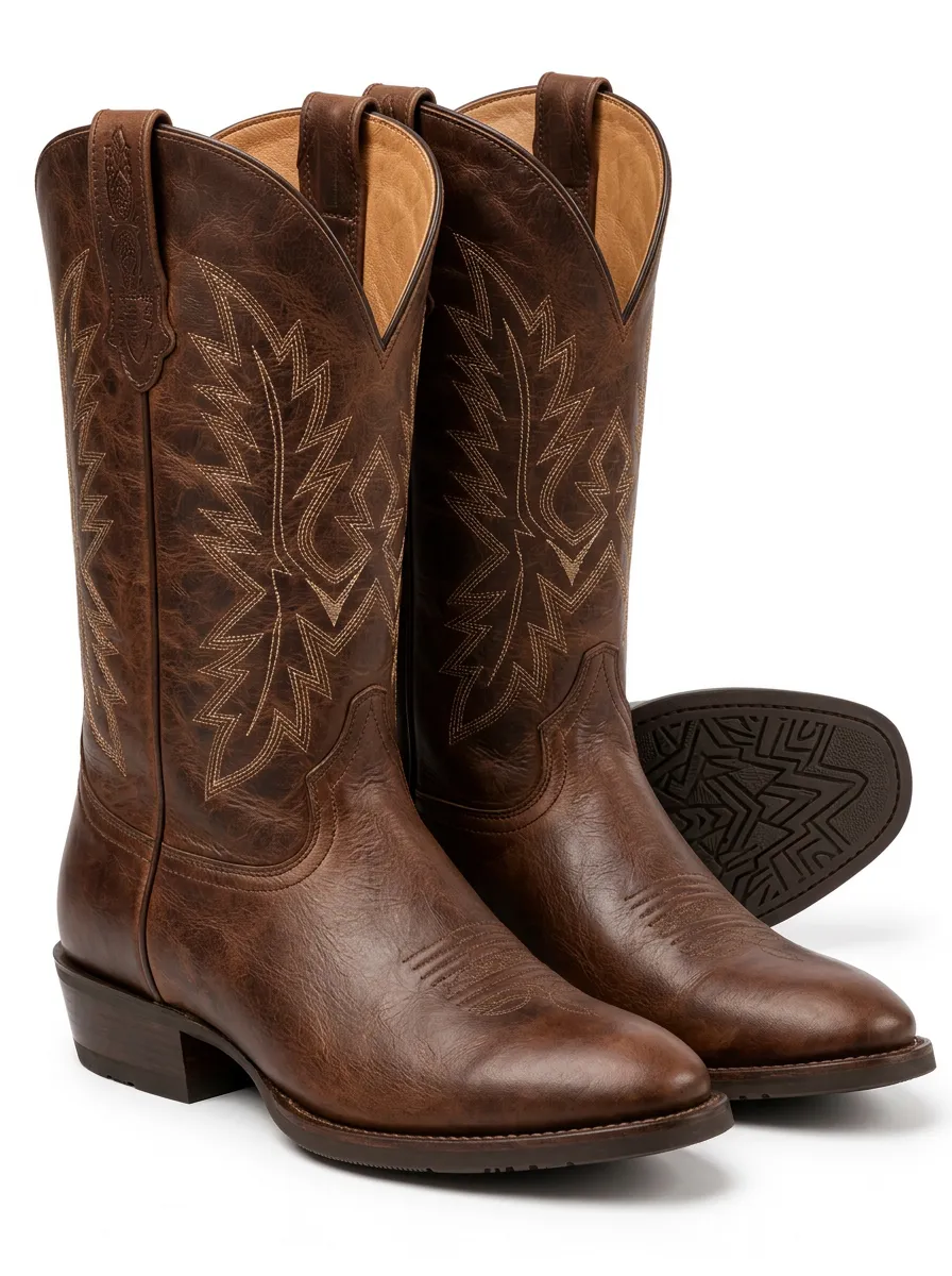 Men's Brown Pattern Print Cowboy Boots with Stitching