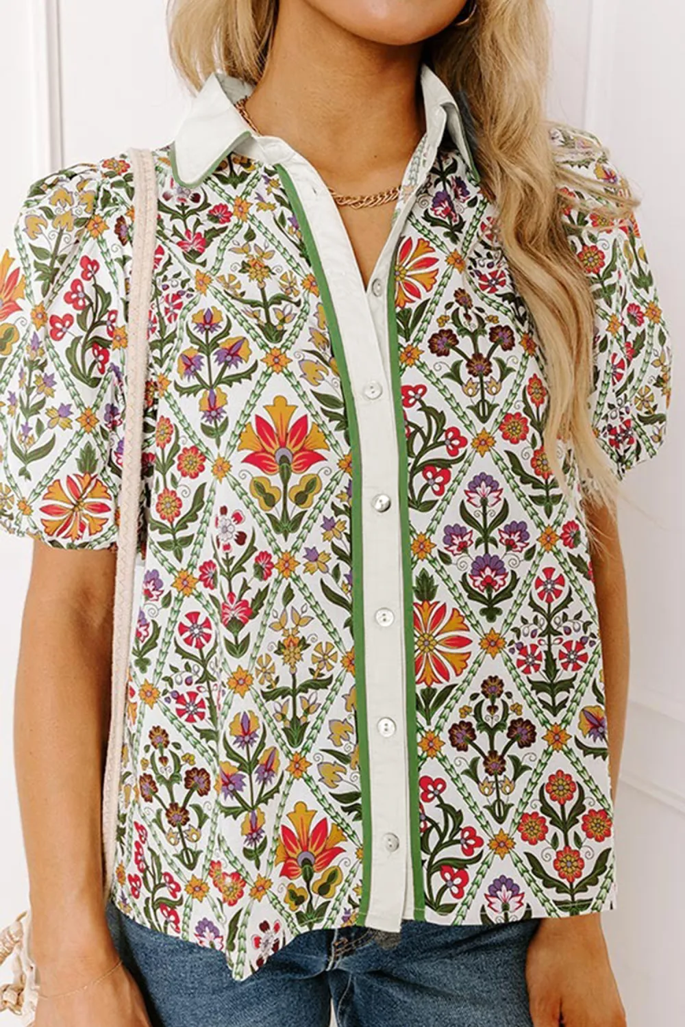 Green Short Bubble Sleeve Floral Shirt