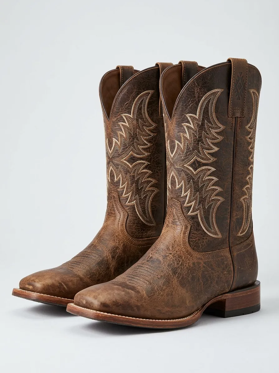Canyon Embroidered Distressed Leather-Look Country Style Men's Western Cowboy Boots