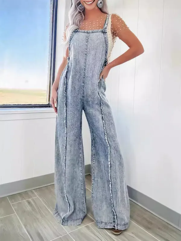 Vintage Washed Raw Edge Wide Leg Jumpsuit