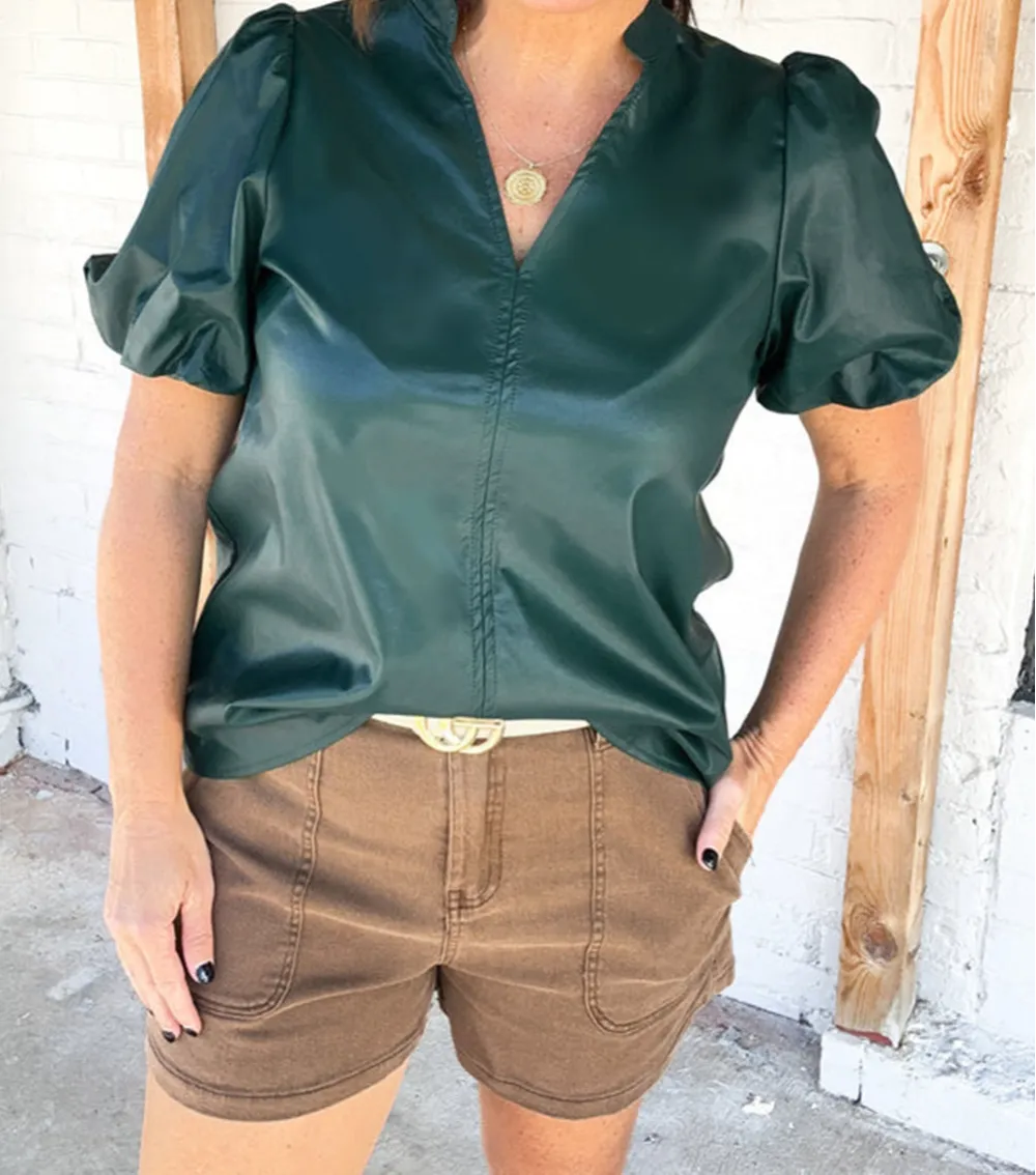 V-Neck Notched Neck Puff Sleeve Blouse