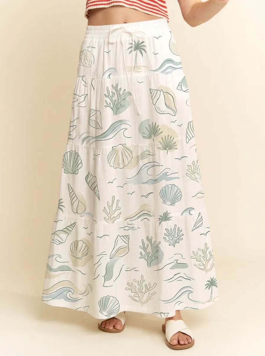 Women's Coastal Seashell Coral Palm Graphic Maxi Skirt