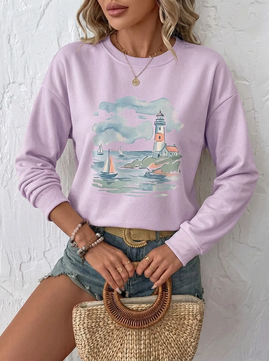 Women's Nautical Ocean Lover Lighthouse Sailboat Graphic Sweatshirt