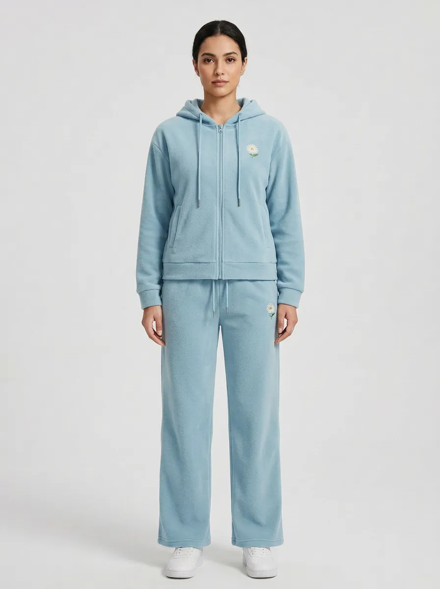 Women's Embroidered Daisy Zip-Up Hoodie And Lounge Pants Set