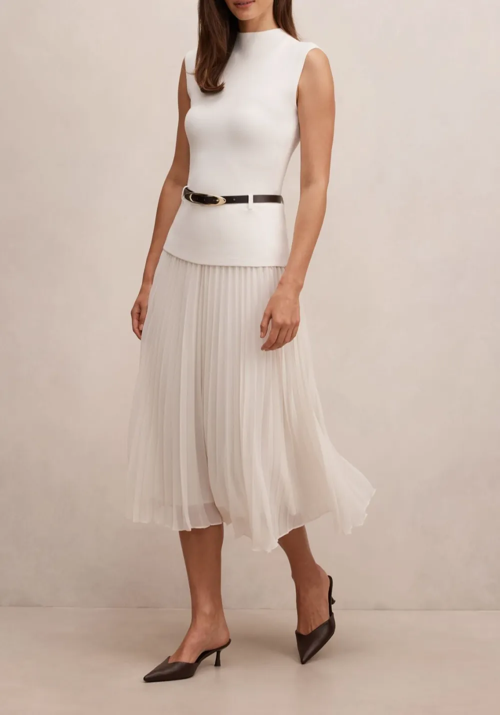 White Woven Sleeveless Top with Pleated Midi Skirt Dress