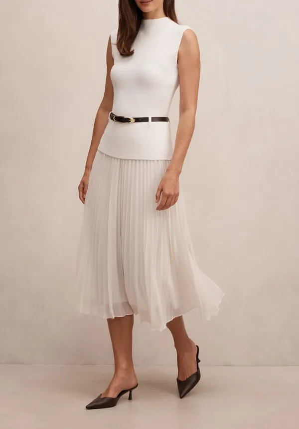 White Woven Sleeveless Top with Pleated Midi Skirt Dress