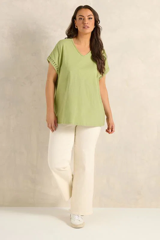 Chartreuse Crochet Trim Cotton V Neck T-Shirt detail 1