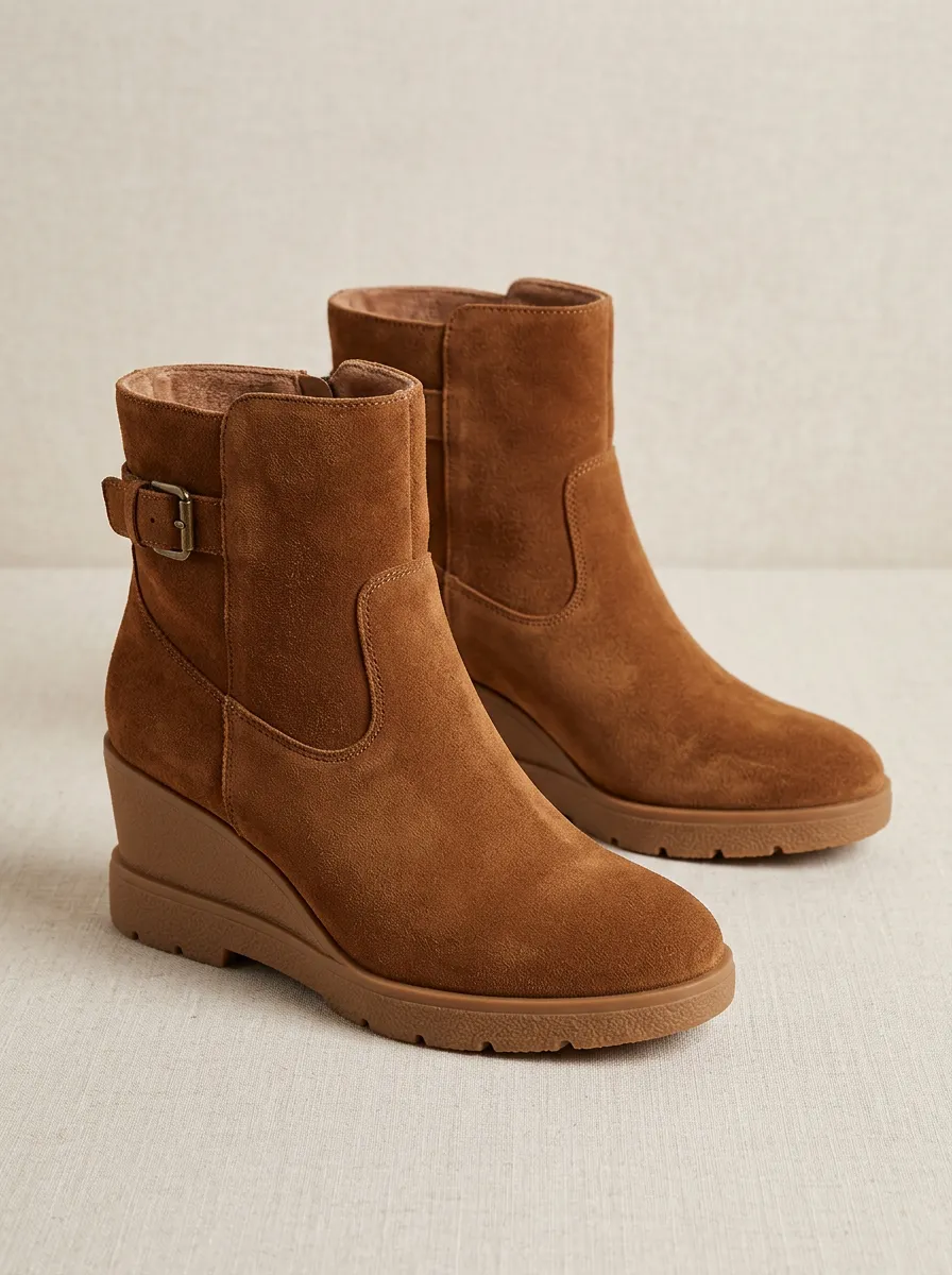 Buckle-Detail Suede-Look Women's Wedge Ankle Boots