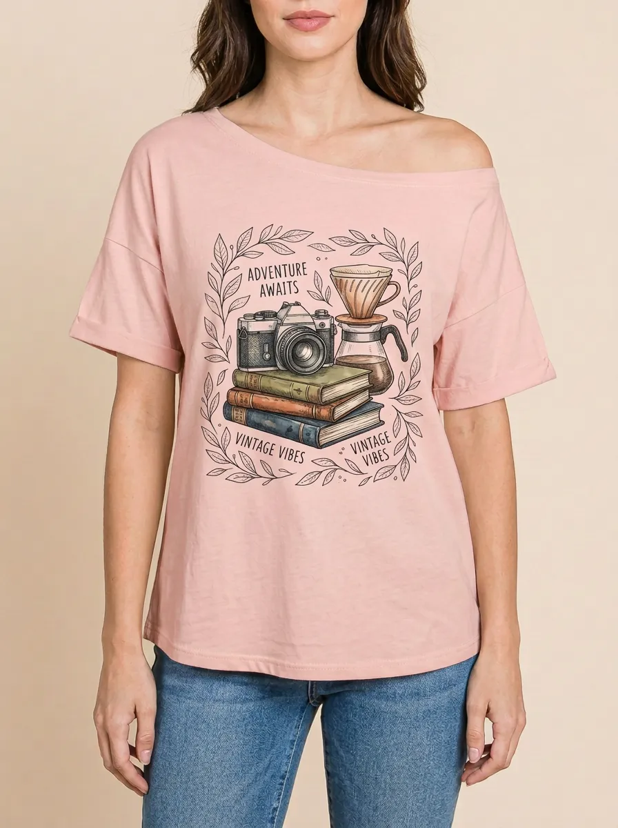 Women's Adventure Coffee Camera Books Graphic T-Shirt
