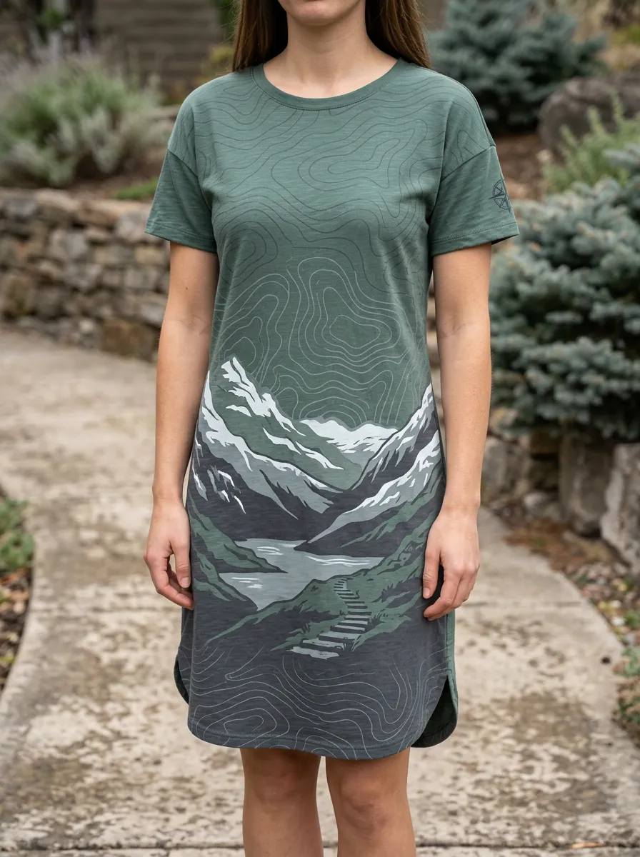 Women's Hiking Lover Mountain Landscape Printed T-shirt Dress