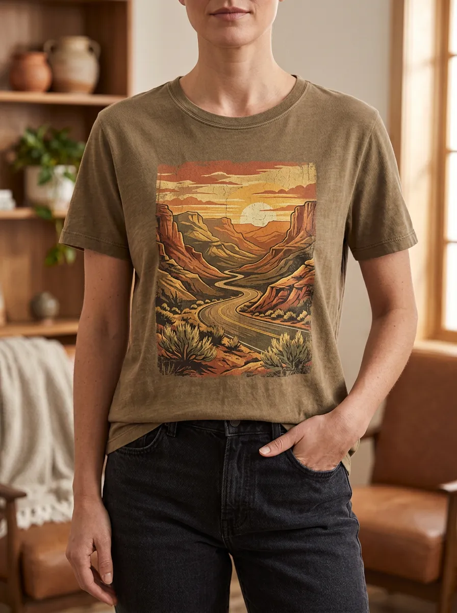 Women's Desert Road Trip Canyon Sunset Printed T-shirt