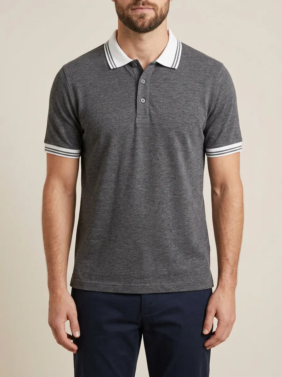 Men's Casual Charcoal Grey Striped Collar Tipped Polo Shirt