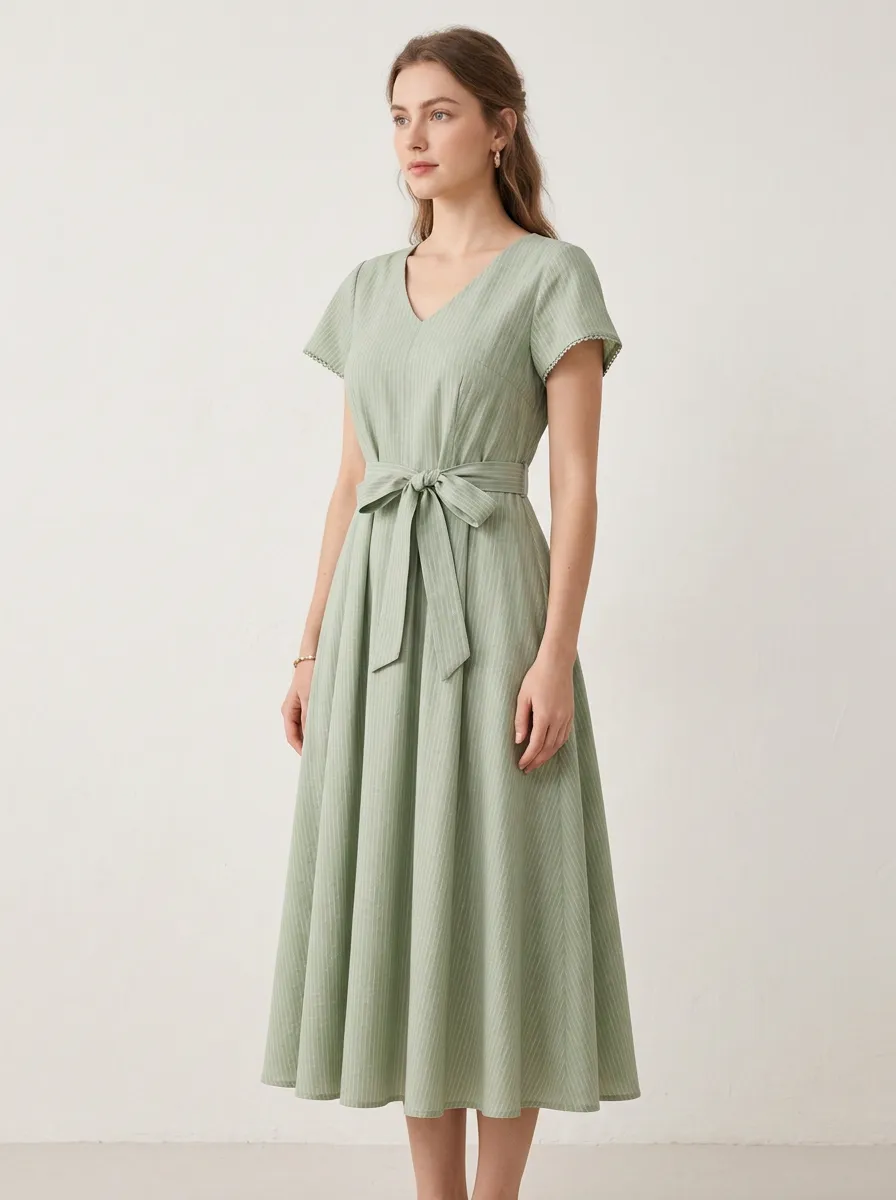 Women's Sage Green Vertical Striped Belted Printed Dress