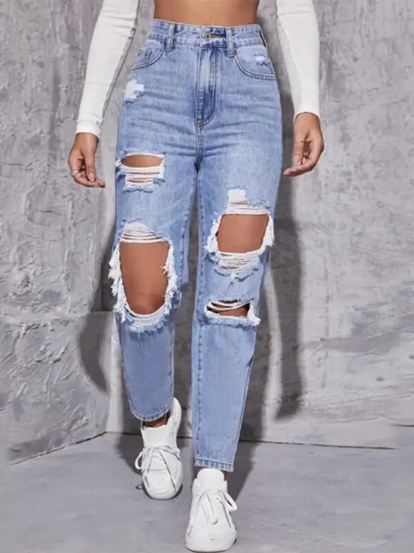 Washed Ripped High Waist Straight Trousers Pants