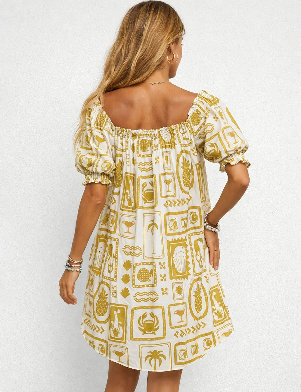 Boho Tropical Off Shoulder Babydoll Mini Dress