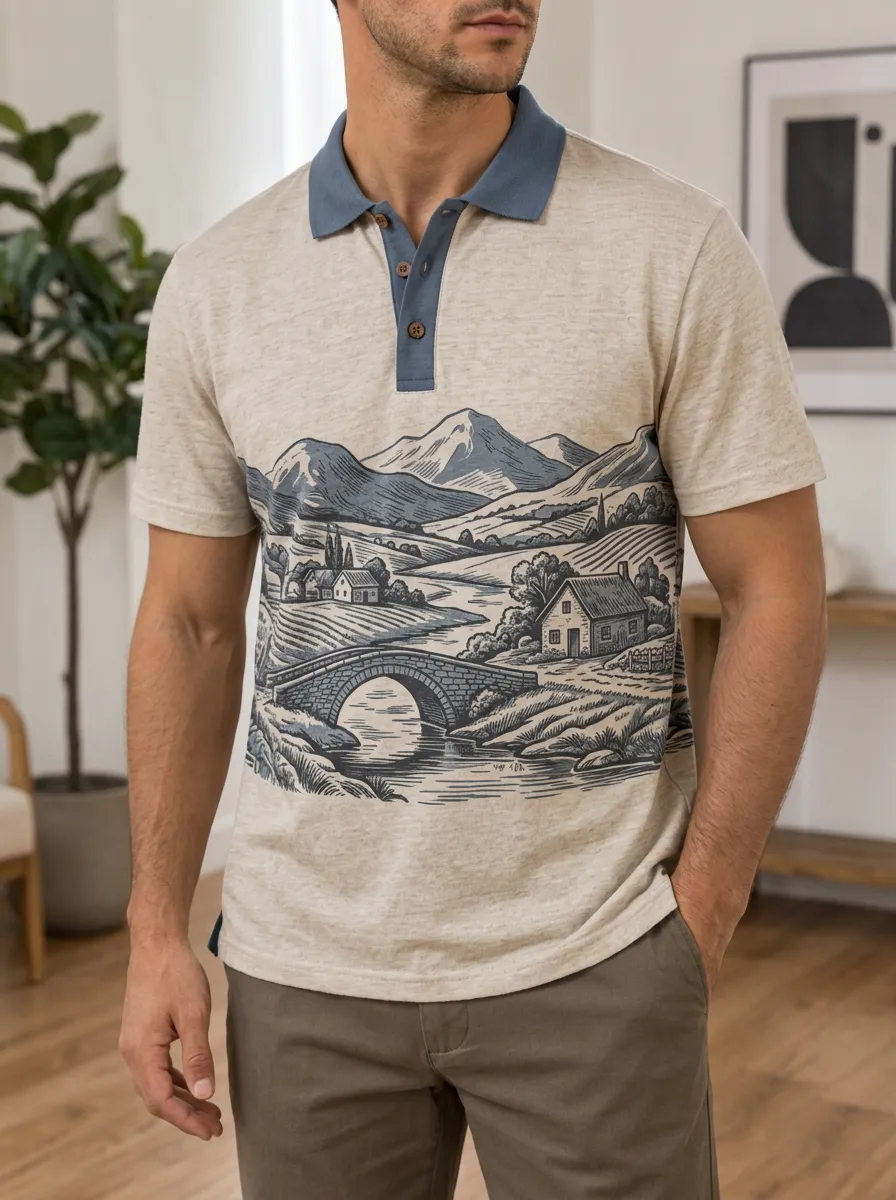 Men's Vintage Landscape Bridge Mountain Printed Polo Shirt