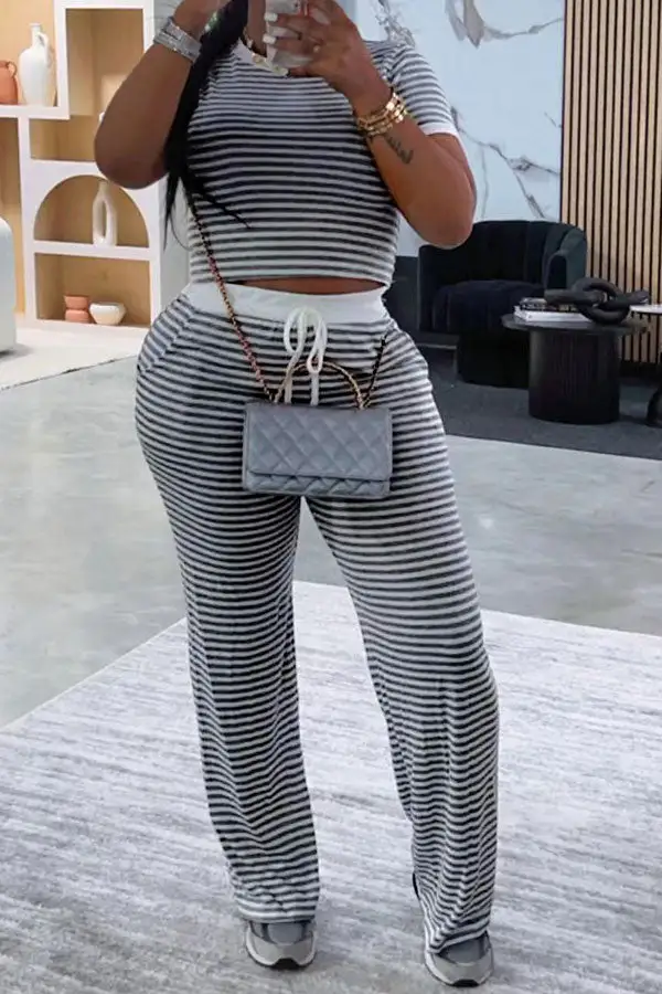 Striped Drawstring Round Neck Pant Set